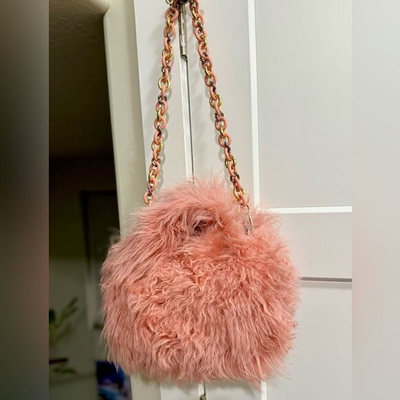Flamingo Pink Real Curly Shearling Handmade Top HandleBag/Shoulder Bag/Crossbody - Picture 1 of 16